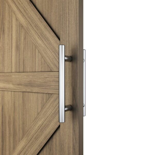 Close-up of a wooden door with a stainless steel brushed finish barn door handle for sliding doors, set against a white background.