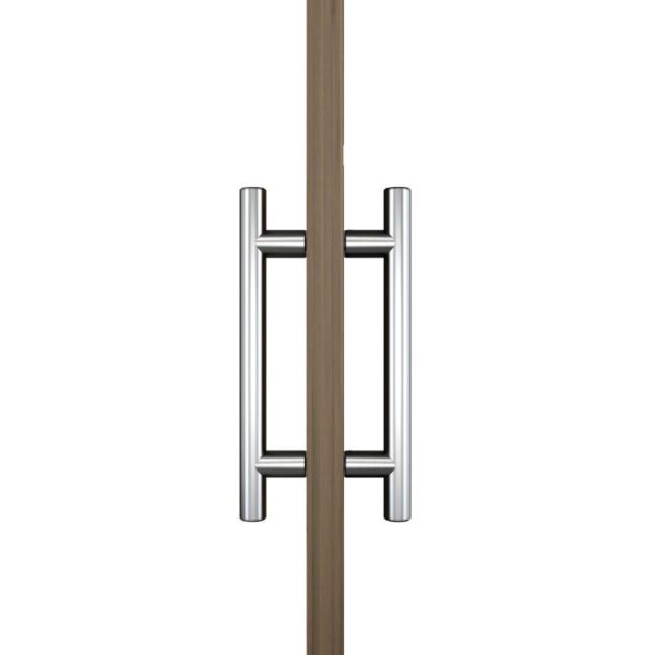 Close-up of a wooden door with a sleek stainless steel brushed finish barn door handle for sliding doors.