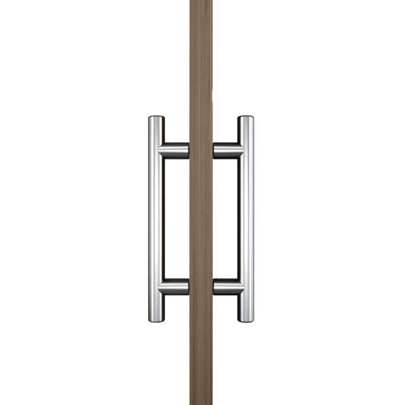 Close-up of a wooden door with a sleek stainless steel brushed finish barn door handle for sliding doors.