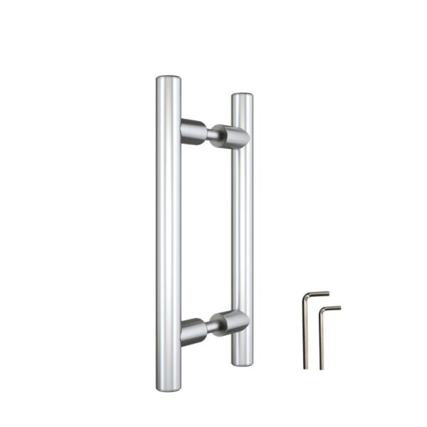 The Stainless Steel Barn Door Handle features dual cylindrical bars and includes L-shaped Allen wrenches, perfect for sliding doors.