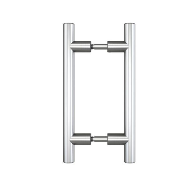 The Stainless Steel Brushed Finish Barn Door Handle features a modern design with vertical bars and horizontal rods, perfect for sleek sliding doors.