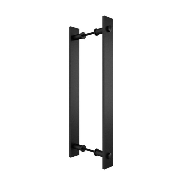 The black rectangular metal pull handle with cylindrical connectors is perfect for residential and commercial spaces.