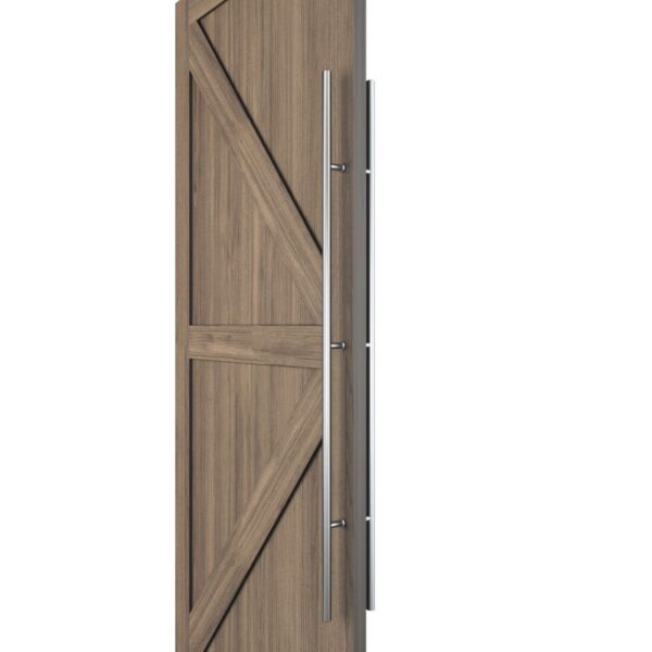 A wooden door with diagonal and vertical panels, featuring a 60" stainless steel push-pull handle on the right for sliding barn doors.