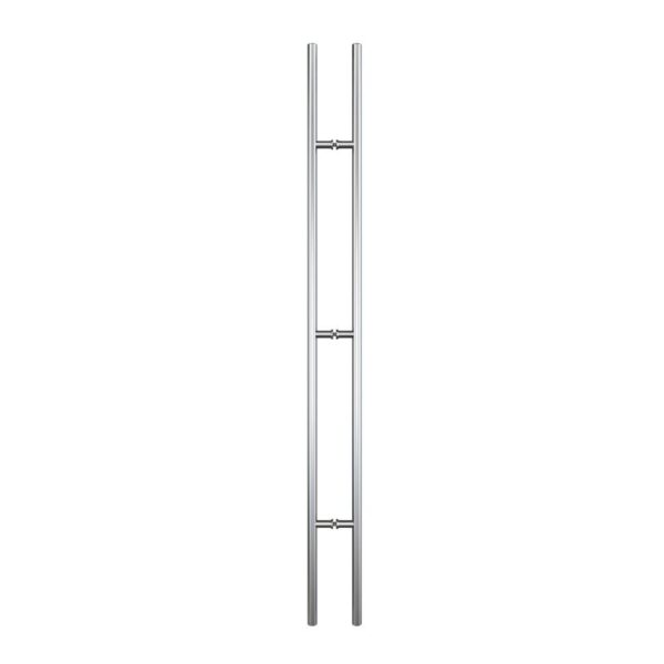 A tall, narrow metal towel warmer with vertical bars, three horizontal ties, and a push-pull stainless steel handle.