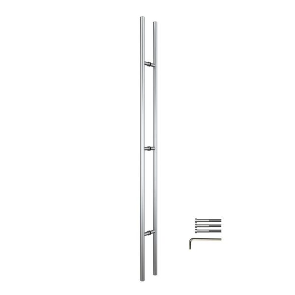 60-inch stainless steel barn door handle with install tools on a plain white background.