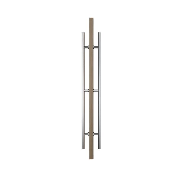 A double-sided sliding door handle with ladder-like rods and a brushed stainless steel finish.