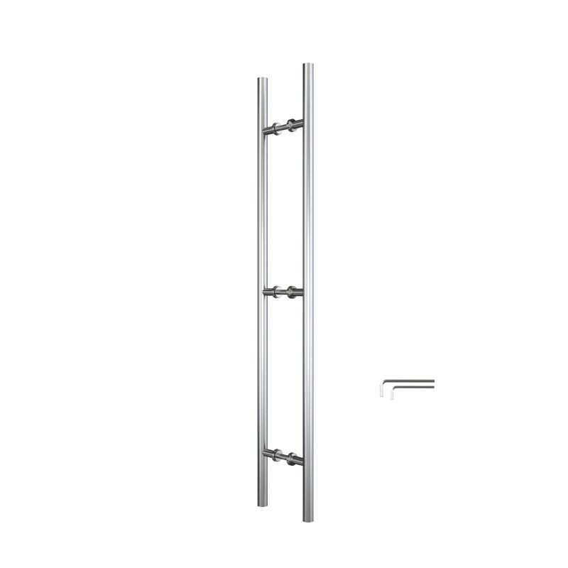 Durable sliding door handle with brushed stainless steel, for indoor/outdoor use; vertical design with three horizontal brackets.