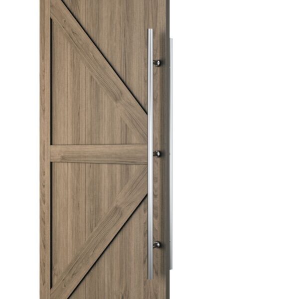 Door with a diagonal crossbeam and durable brushed stainless steel sliding handle, suitable for indoor or outdoor use.