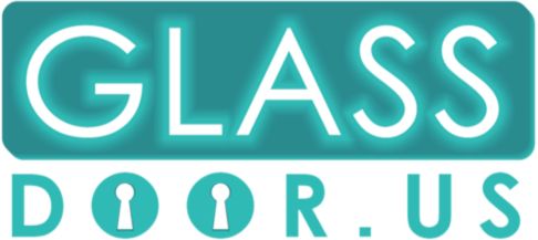 Logo: "GLASS DOOR.US" with keyhole "O"s. Teal background highlights expertise as leading sliding glass door manufacturers.