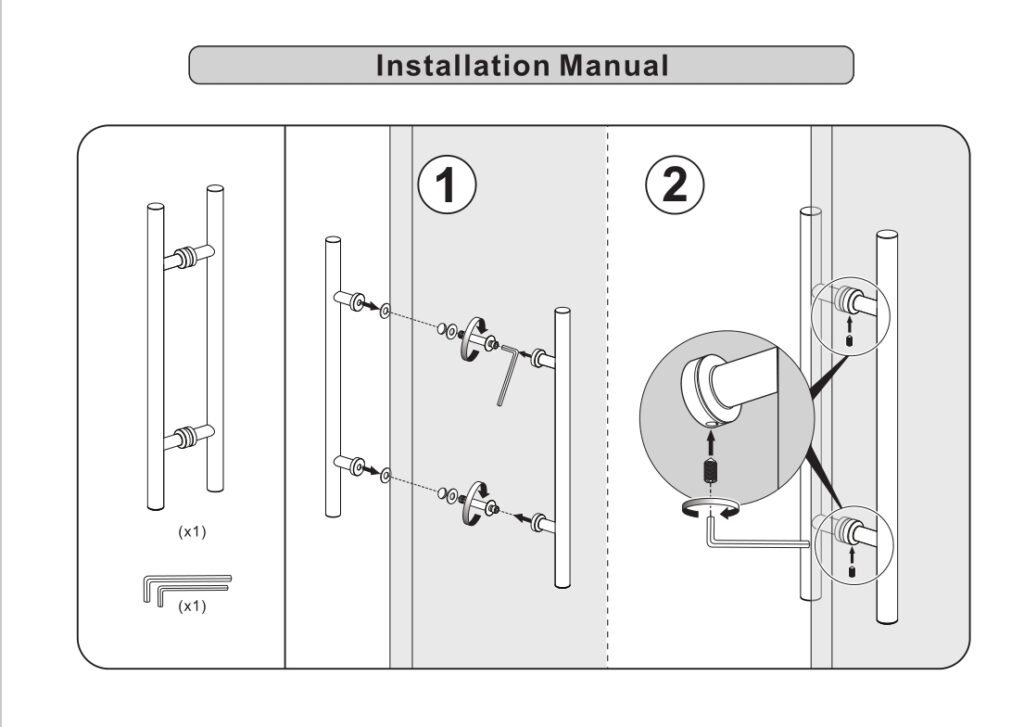 Two-step guide for assembling the Double-Sided H-Shape Barn Door Handle in Brushed Steel, with tools and screw placements shown.