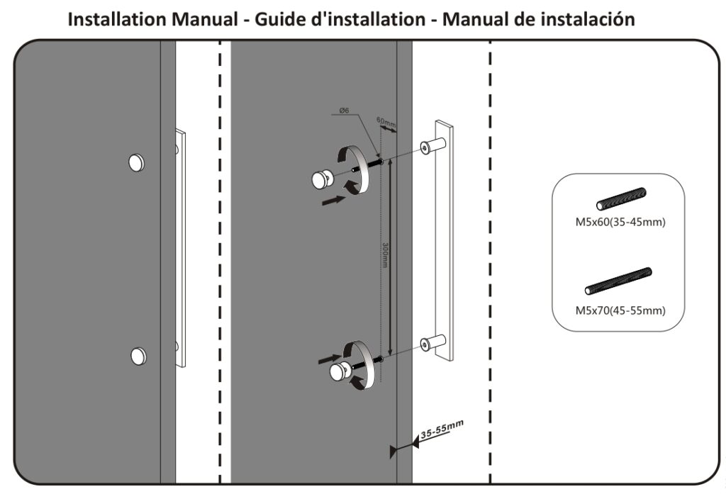 Illustration of door installation with labeled screws (M5x60 and M5x70) and dimensions. Features black sliding barn door pull handle.