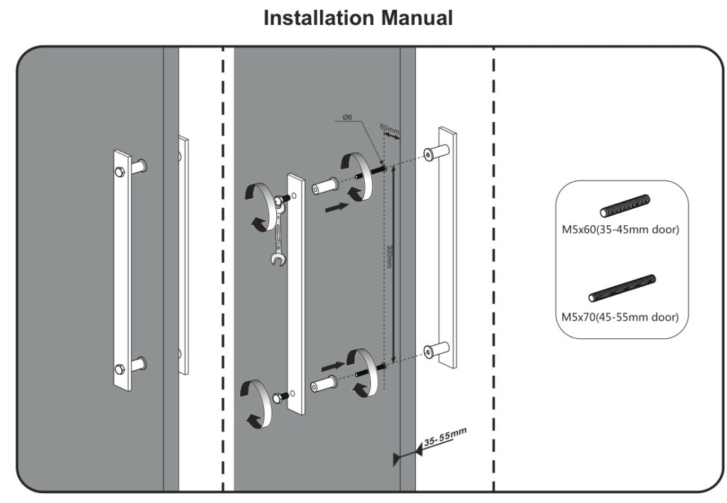 Diagram of the American Vintage H Shape Sliding Barn Door Pull Handle for residential and commercial use, with two screw options.