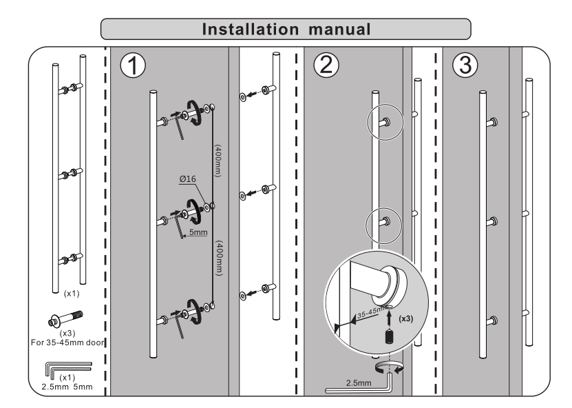 Manual illustration for Durable Double-Sided Sliding Door Handle in brushed stainless steel, includes steps, tools, and specs. Indoor/outdoor use.