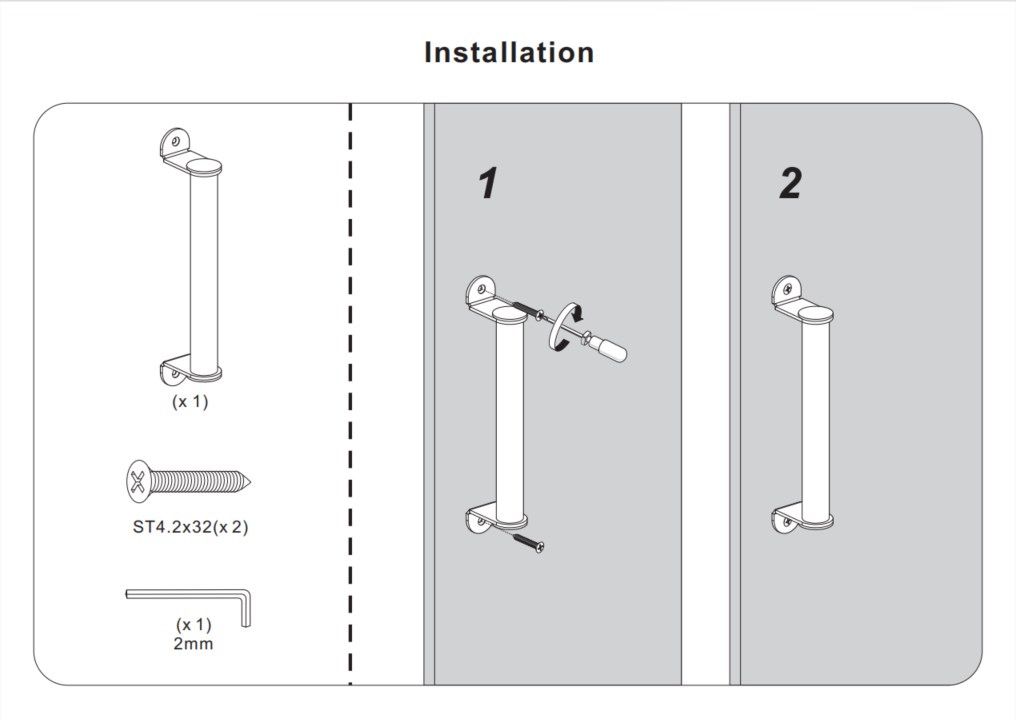 Diagram showing the installation of a Black 10" Barn Door Handle on wood using screws and a 2mm Allen key involves two steps: align bracket and secure.