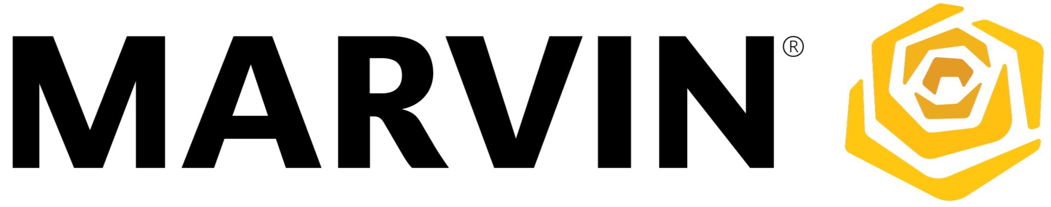 Bold black text "MARVIN" beside a yellow and white geometric rose logo, showcasing 2024's most sophisticated interior doors.