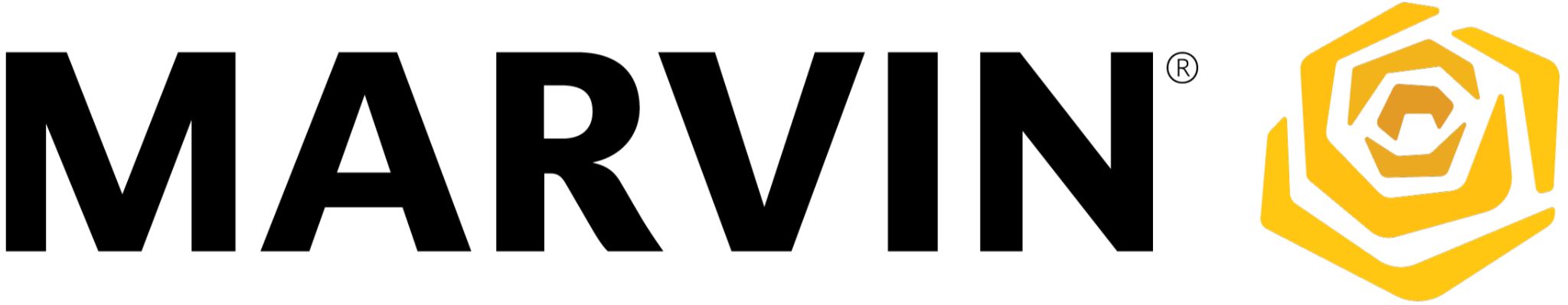 The "Marvin" logo has bold black letters and a yellow geometric symbol, symbolizing innovation in sliding door brands.