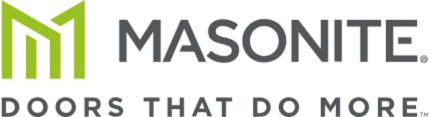 Masonite's logo features a green "M" and the text "DOORS THAT DO MORE." Their top interior door designs debut in 2024.