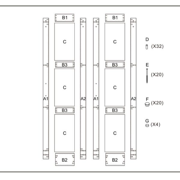 Assembly diagram for interior sliding barn door with labeled parts B1, B2, B3, C, fasteners D-G, and screw/peg quantities. Space-saver.