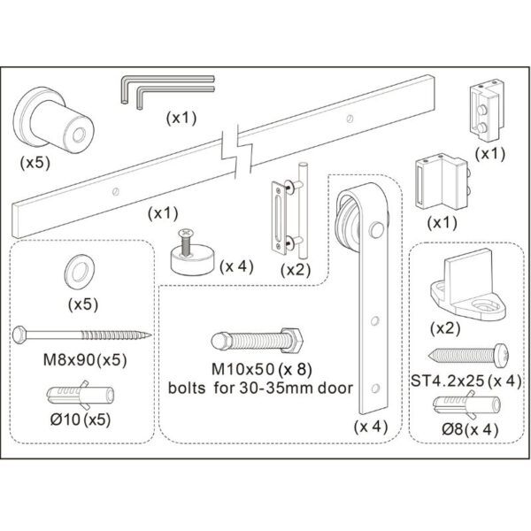 Assembly diagram for interior Knocked Down Sliding Barn Door kit: includes screws, brackets, tools with quantities for a stylish solution.