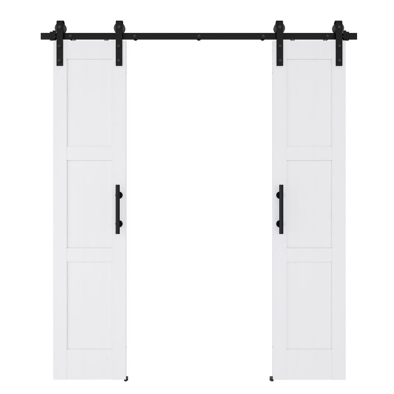 Sliding barn doors with black handles and metal track, stylish space-saving design for interior use.