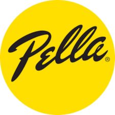 A yellow circle with "Pella" in black cursive represents the elegance and innovation of top sliding glass door manufacturers.