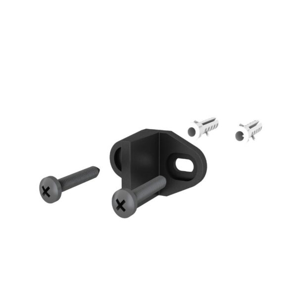 Black metal bracket with 2 screws & 2 wall anchors, isolated on white.