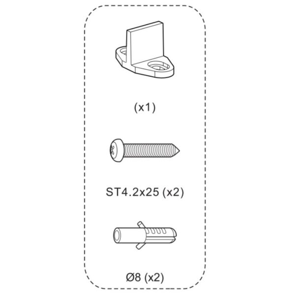 Illustration: 1 bracket, 2 ST4.2x25 screws, and 2 Ø8 wall plugs.