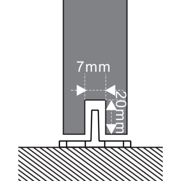 Diagram of metal bracket on a surface; shows 7mm gap between top of bracket and bottom of the beam or panel above.