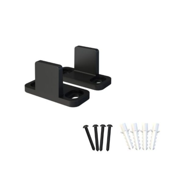 Two black wall brackets for heavy-duty sliding doors include screws and anchors. Ideal for setups on a white background.