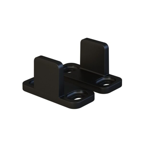 Durable black metal floor guide for heavy sliding doors, with two parallel brackets and mounting holes.