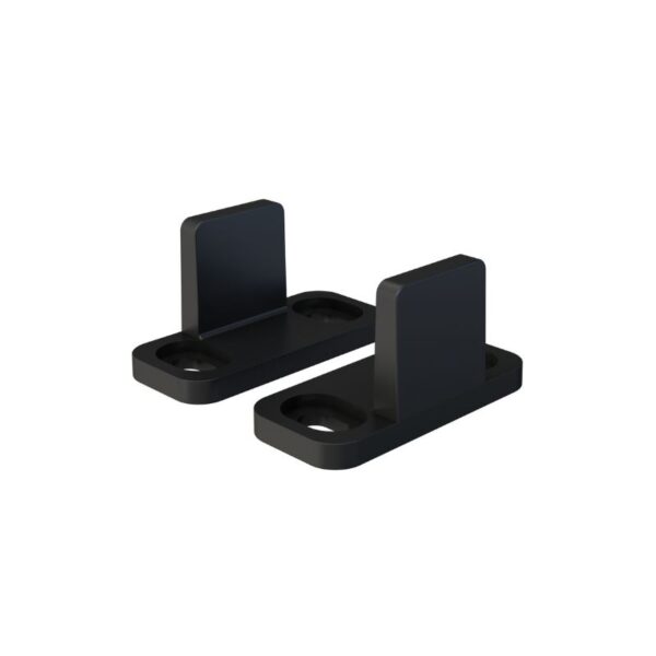 Set of 2 sturdy black plastic brackets with support tabs and circular cutouts for sliding doors; adjustable and groove-free fit.