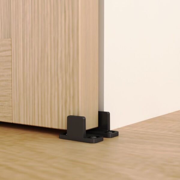 A heavy-duty sliding wood door features an adjustable floor guide for non-groove installs on light wood floors.