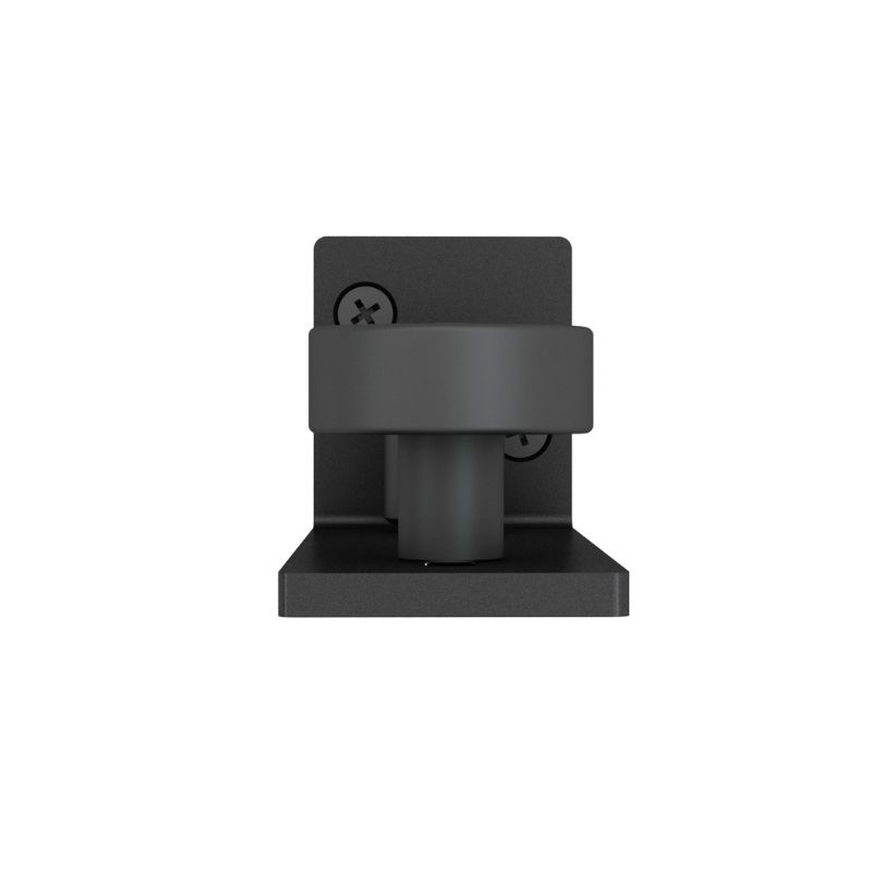 A black wall-mounted bracket with a cylindrical holder is shown front view.