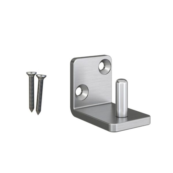 Brushed nickel floor guide with 2 mounting holes for organizing spaces near heavy sliding barn doors. Includes screws.