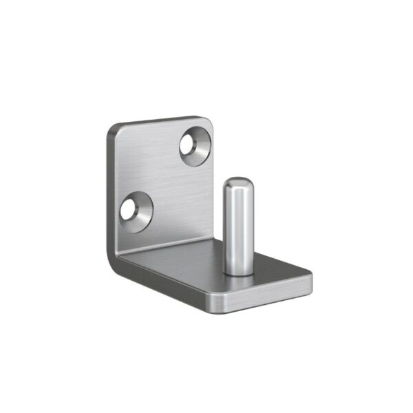 Premium brushed nickel floor guide for heavy sliding barn or interior doors, with 3 screw holes and a protruding peg.