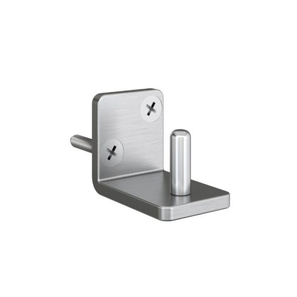 Brushed nickel bracket with rectangular base and cylindrical peg. Perfect for supporting heavy sliding barn and interior doors.