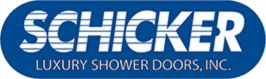 Sigla pentru „Schicker Luxury Shower Doors, Inc.” prezintă text alb pe un oval albastru, evidențiind o marcă de top pentru uși de duș din 2024.