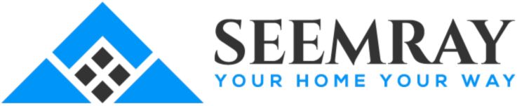 Logo: Blue triangle with geometric design on left; text "SEEMRAY YOUR HOME YOUR WAY" on right, symbolizing innovation in sliding doors.