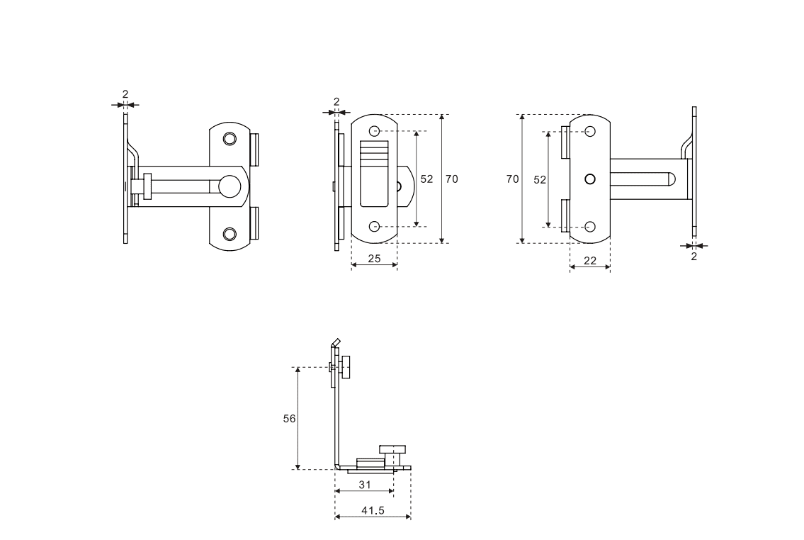 Disegno tecnico di una serratura di sicurezza per porta scorrevole da fienile verniciata a polvere nera, anticorrosione, con vista frontale/laterale/dall'alto. Perfetta per stile e precisione.