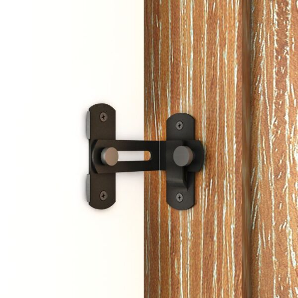 The Premium Black Powder Coated Sliding Barn Door Lock, anti-corrosion and edge-installed, complements white frames with stable bolting.