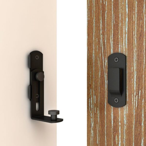 A white door with matte black Premium Sliding Barn Door Privacy Lock & anti-corrosion strike plate on wooden panel.