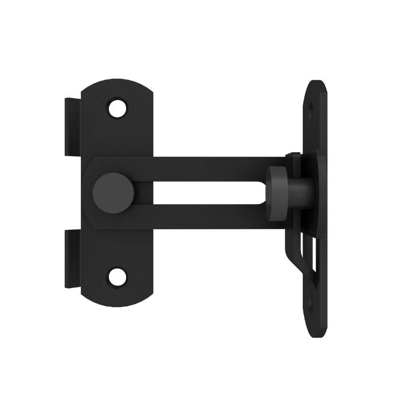 Premium black powder-coated sliding barn door privacy lock with anti-corrosion design and multiple screw holes, side view.