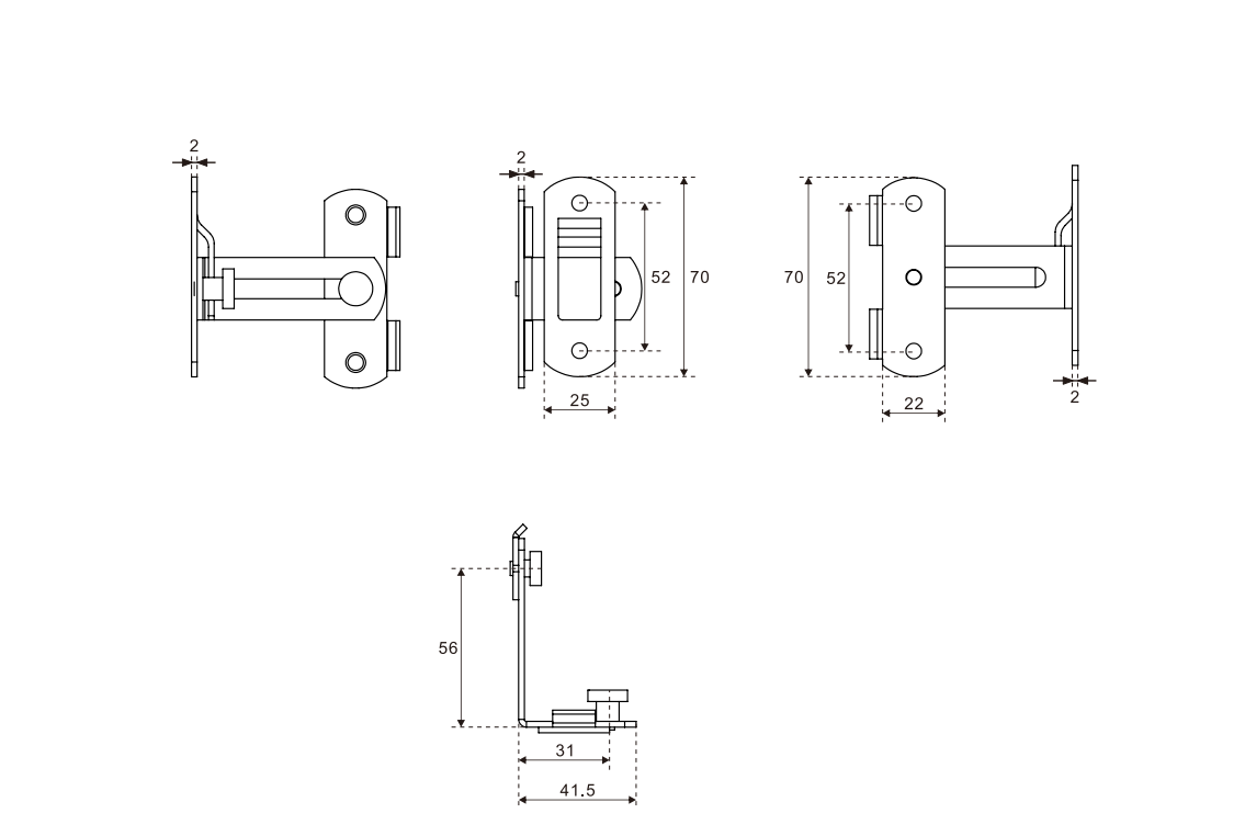 Tech drawing of a black powder-coated sliding barn door privacy lock, anti-corrosion, with front/side/top views. Perfect for style and precision.