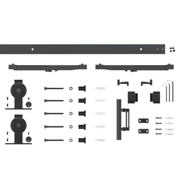 A barn door hardware kit for a Contemporary Steel Sliding Glass Door displays a rail, brackets, rollers, screws, and more on white.