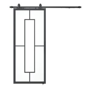 Modernes Schiebetor im Scheunenstil mit Stahlrahmen und satiniertem Hartglas sowie rechteckigem Design in der Mitte.