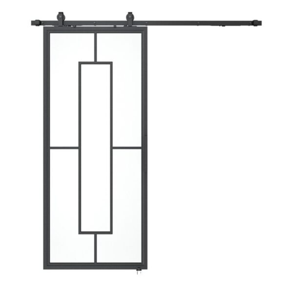 Contemporary sliding barn door with steel frame and frosted tempered glass, featuring a central rectangular design.