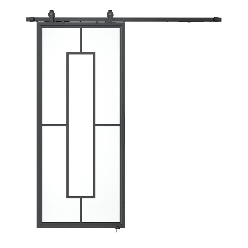 Porta scorrevole moderna con telaio in acciaio e vetro temperato satinato, caratterizzata da un design rettangolare centrale.