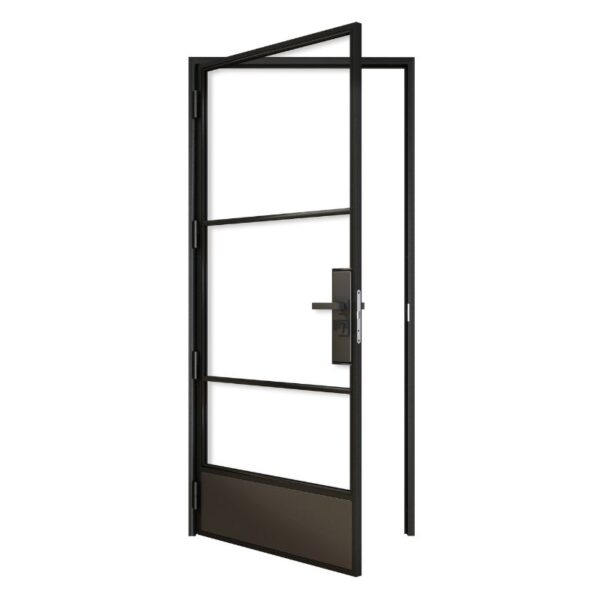 A modern 3-Lite Black Steel Glass Barn Door with right-side handle and optional lock, perfect for residential interiors.