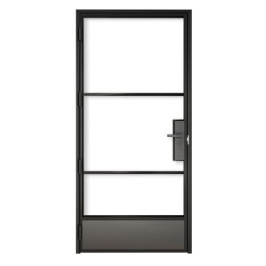 Eine moderne Scheunentür aus Glas mit schwarzem Stahlrahmen, optionalem Schloss und rechteckigem Griff, ideal für zeitgenössische Innenräume.