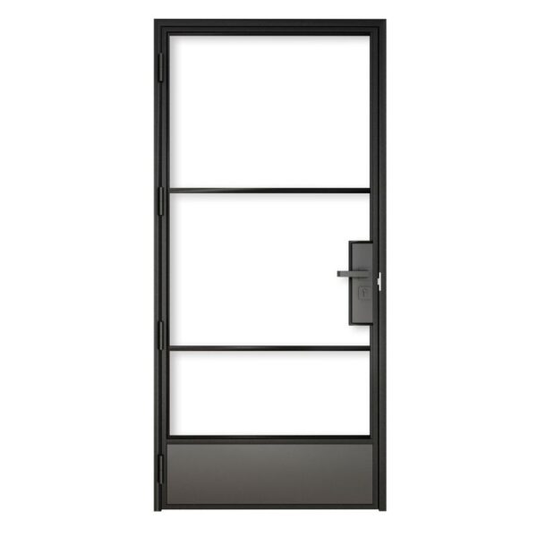 A modern black steel-framed glass barn door with optional lock and rectangular handle, ideal for contemporary interiors.